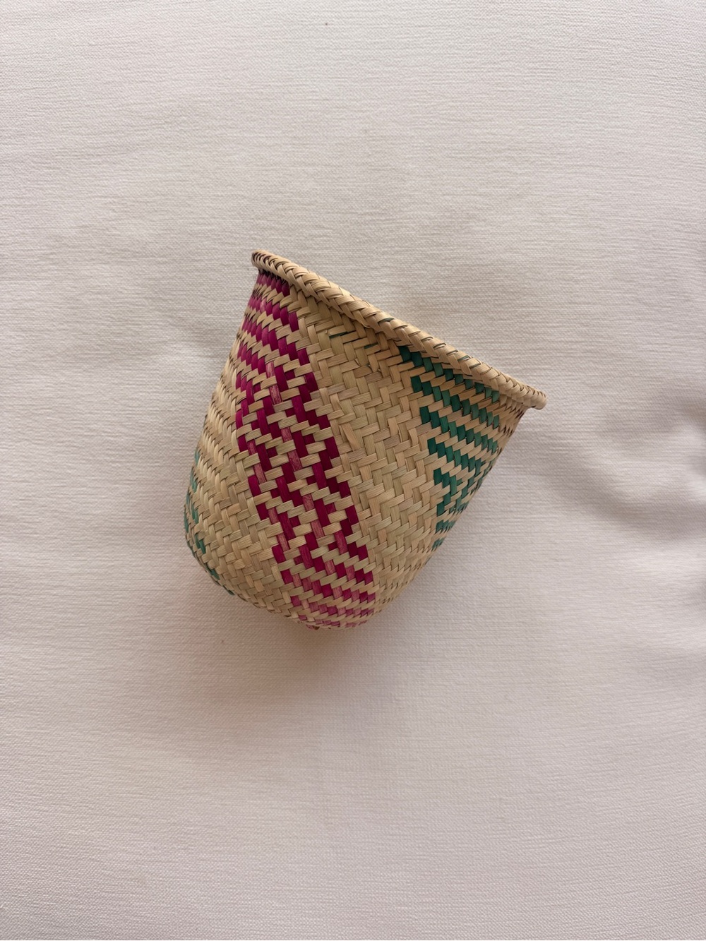 Handwoven Seagrass Basket with Pink & Green Pattern